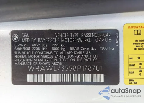 2008 BMW 335I из США, поврежденный, VIN WBAWL73558P178701